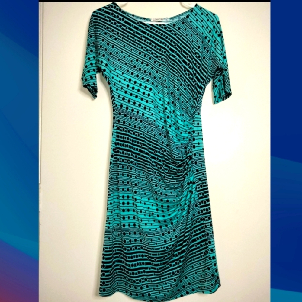 Colori (Size M) Navy & Turquoise Retro Print Fitted Office Dress